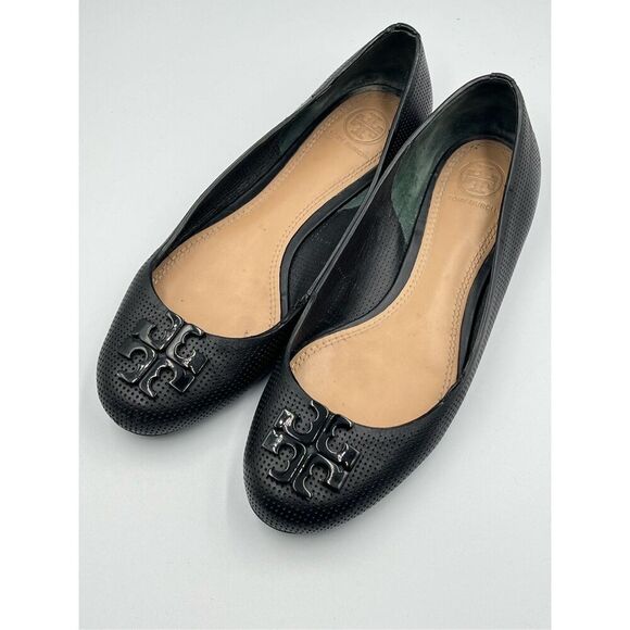 Tory Burch Lowell 2 Perforated Black Leather Ballerina Ballet Flat w Logo Size 7 - Picture 1 of 13